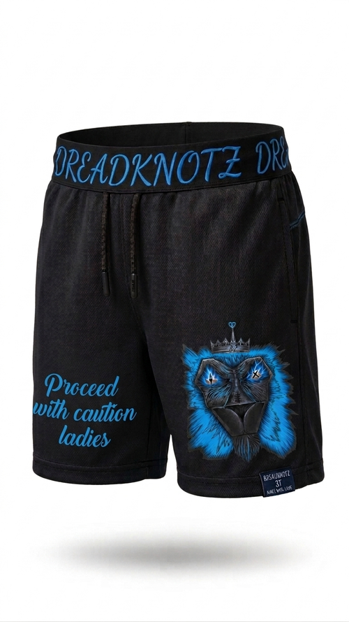 Black athletic shorts with blue text and a blue lion graphic on the front, featuring the brand name 'Dreadknotz' on the waistband.