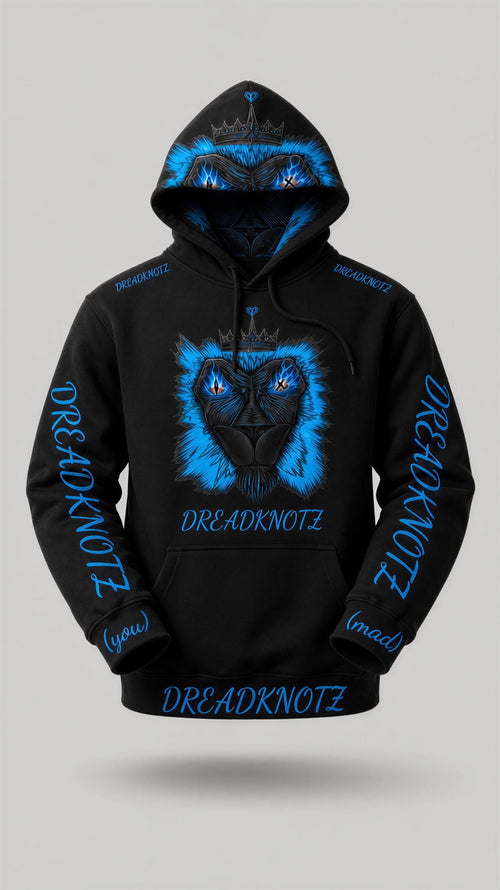 A black pullover hoodie with a large blue and black lion graphic on the front, featuring the brand name 'DREADKNOTZ' printed in blue on the chest, sleeves, and hood.